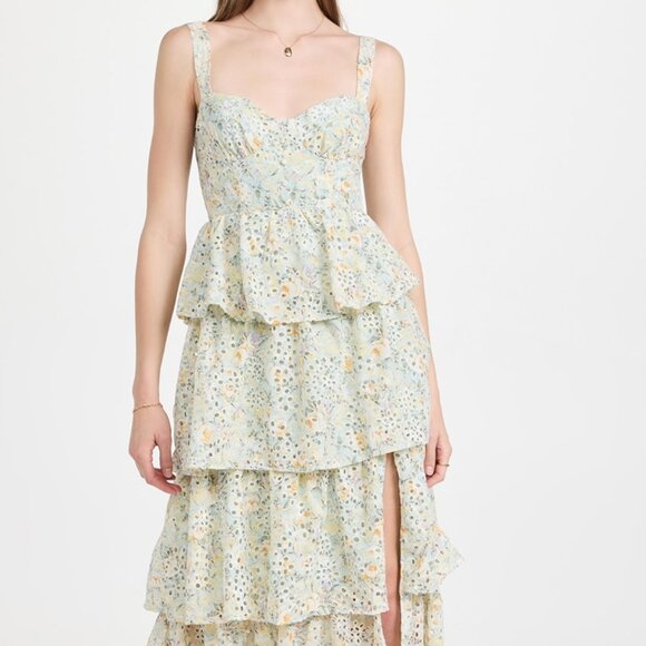 NWT ASTR the Label Tiered Eyelet Green Multifloral Summer Maxi Dress Sz Large - Picture 1 of 14